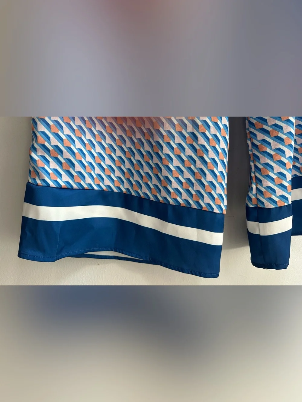 Skies Are Blue Blue Geometric Strapless Jumpsuit with Peach Accents Retro Vibe M